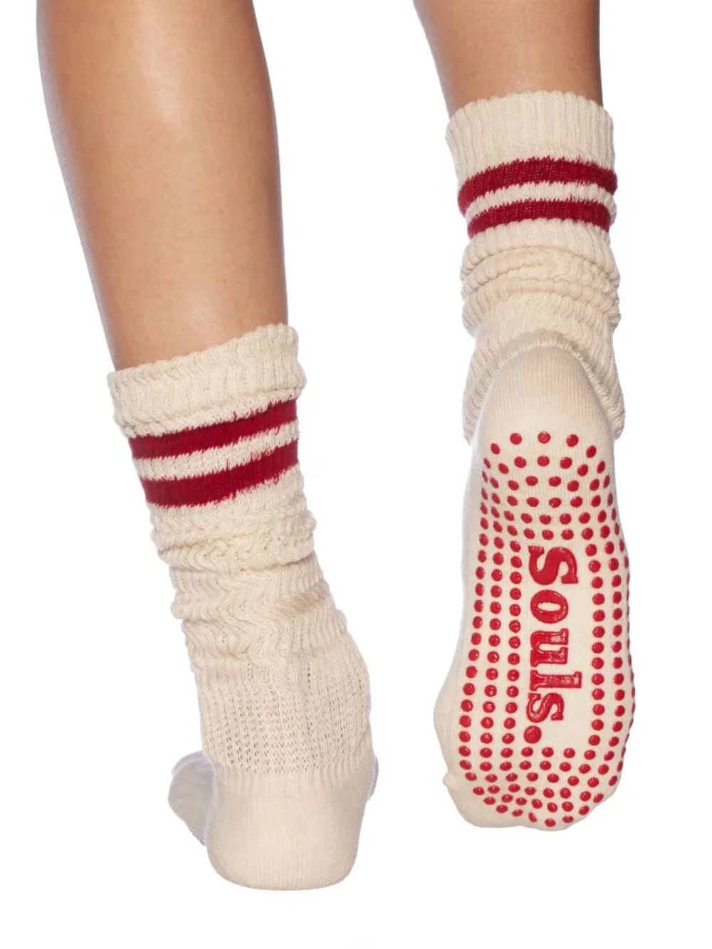 Souls LA Cloud Crew Grip Socks - cream with red stripe, sz S/M
